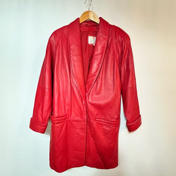 Vintage 80s Wilson Red Leather Jacket Size Small Boxy Belted - Picture 2 of 16